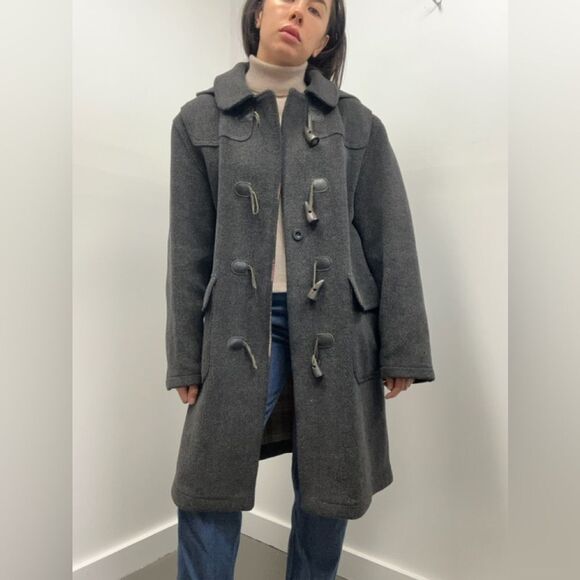 Vintage Mulberry London 90's Gray Wool Herringbone Hooded Toggle Pea Coat Size M